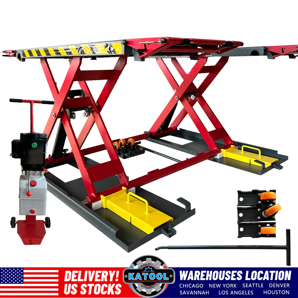 Katool KT-X77 scissor lift side view with yellow safety ramps and control console