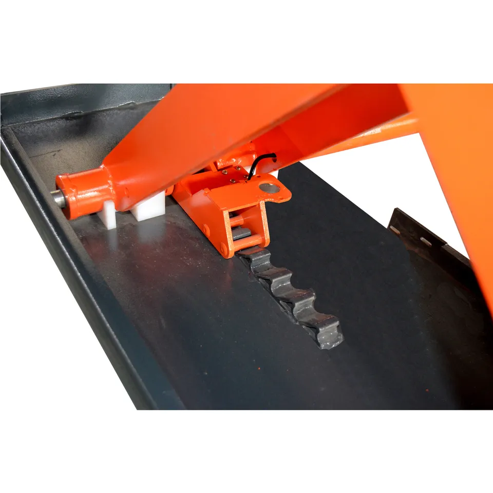 Pneumatic scissor lift side view with black safety latch and orange base parts