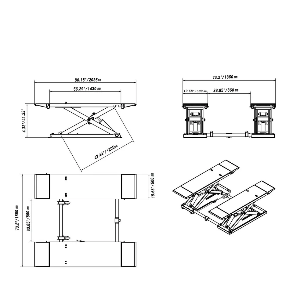 Mid-rise scissor lift dimension diagram with front and side measurement lines