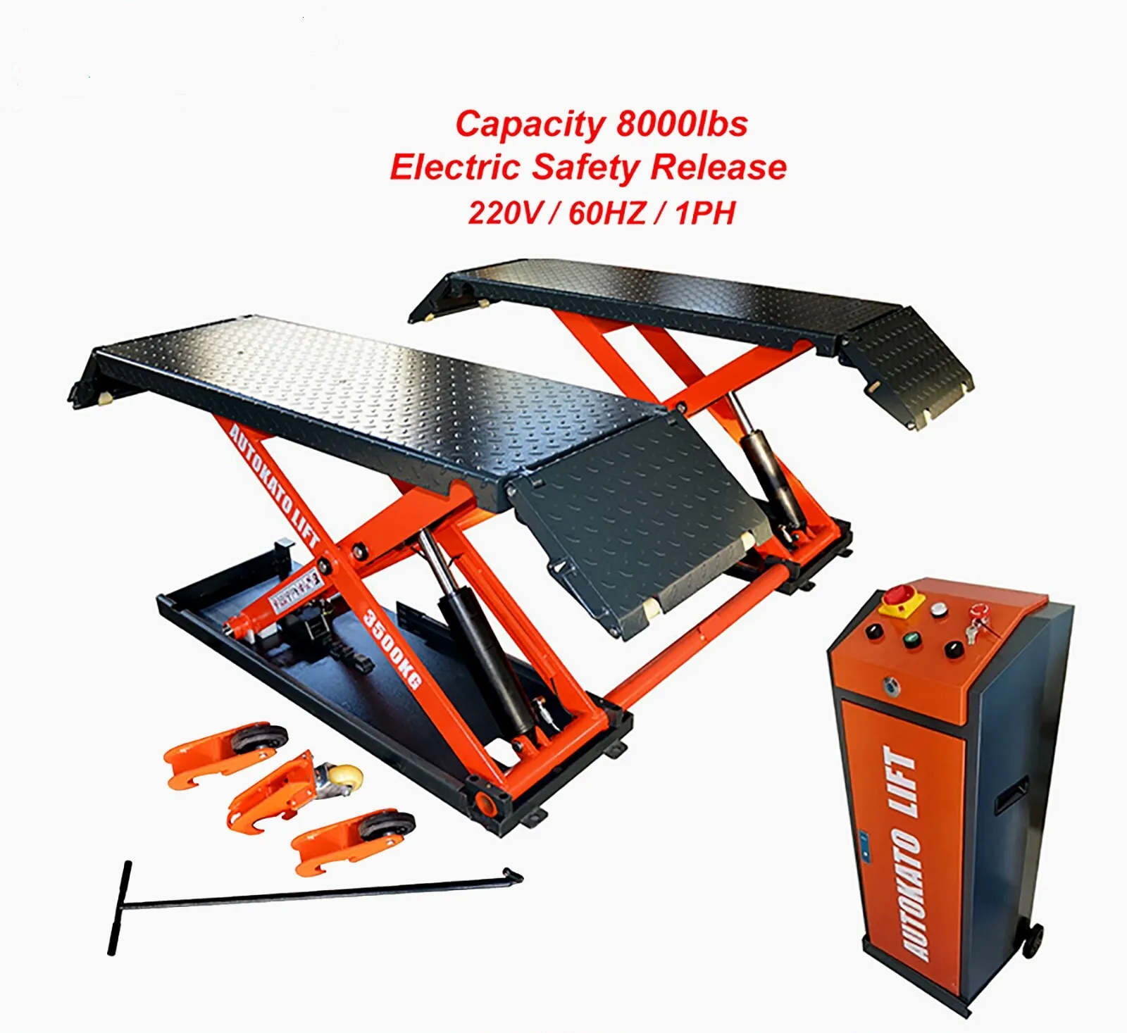 Electric scissor lift with diamond-plate platforms and orange safety scissor frame