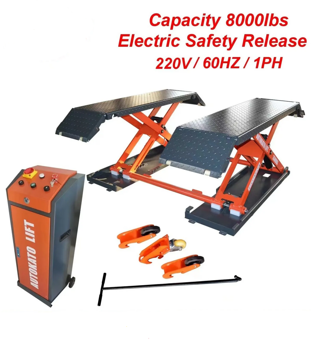 Electric scissor lift with two raised diamond-plate decks and orange scissor mechanism