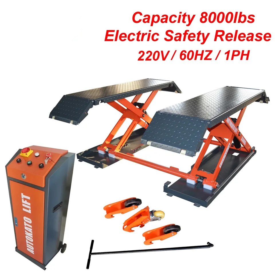 Electric scissor lift with control cabinet, orange frame, and diamond-plate lift platforms