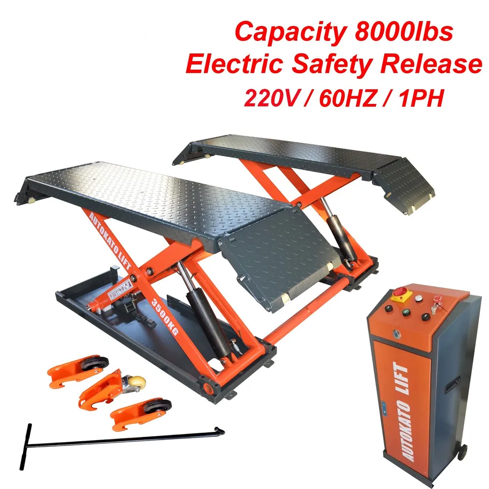 Electric scissor lift with control cabinet, diamond-plate decks, and orange lift frame