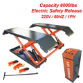 Electric scissor lift with control cabinet, diamond-plate decks, and orange lift frame