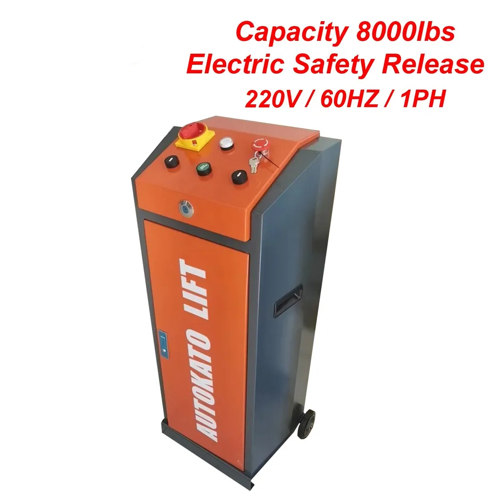 Electric scissor lift control cabinet with orange housing and multi-button control panel