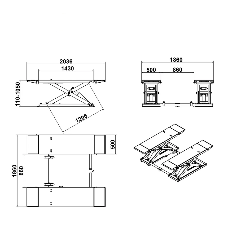 Scissor lift dimension diagram with front and side views and labeled measurements