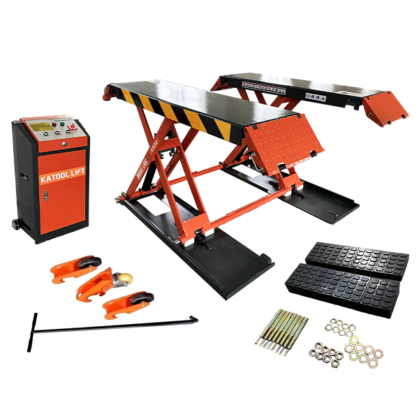 Electric scissor lift set with control unit, orange frame, black ramps, and rubber pads