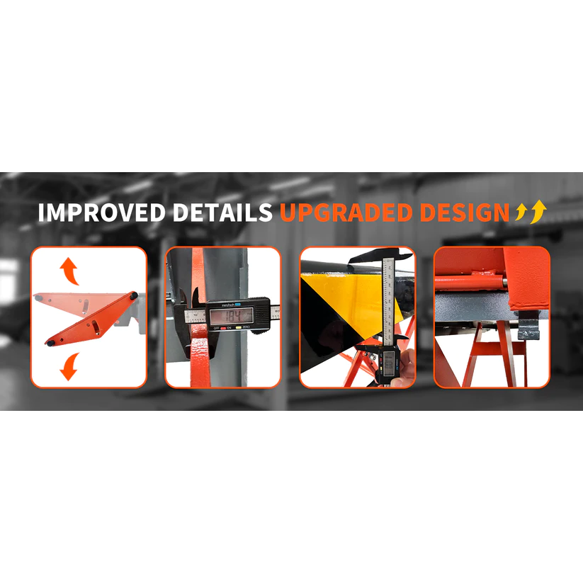 Electric scissor lift upgraded details collage of orange mechanisms and sensor parts