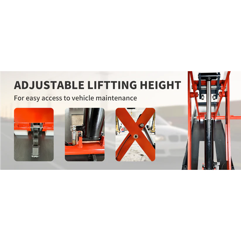 Electric scissor lift height adjustment detail with orange arms and lifting posts