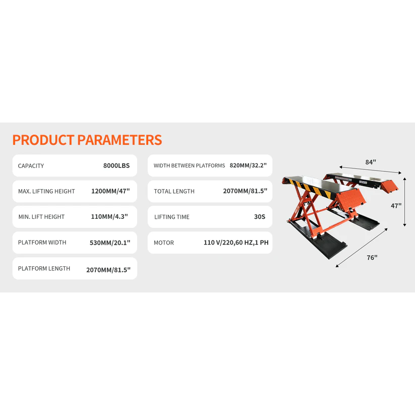 Electric scissor lift with product dimensions diagram and orange frame