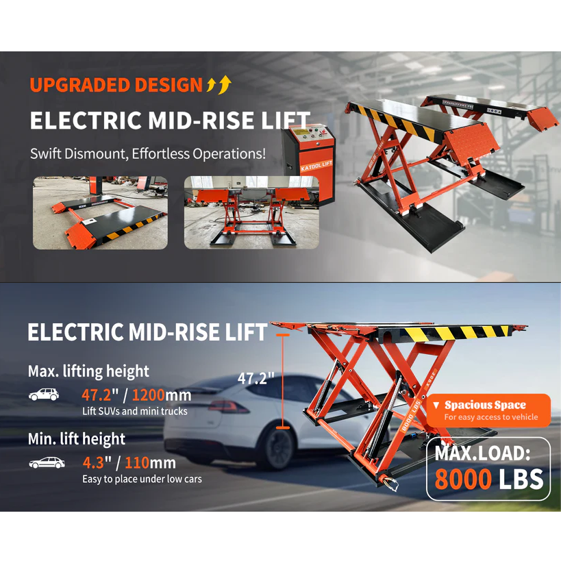 Orange electric mid-rise scissor lift with black platforms and raised deck