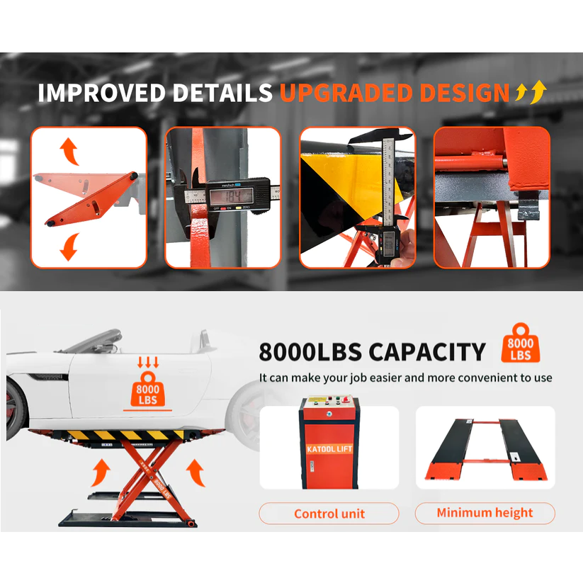 Orange electric scissor lift control display and lift mechanism detail