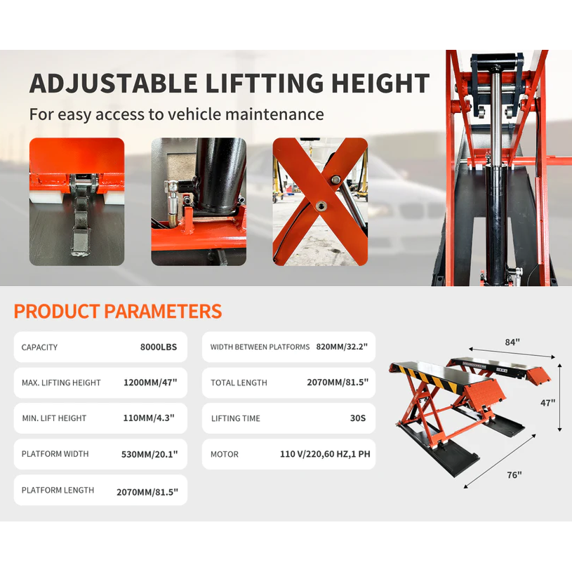 Orange electric scissor lift with two black platforms and adjustable lift structure