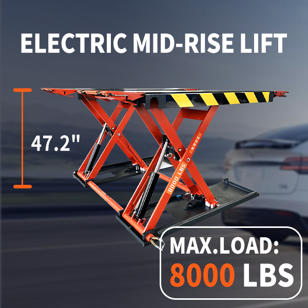 Electric mid-rise scissor lift with raised orange frame and black lifting platforms