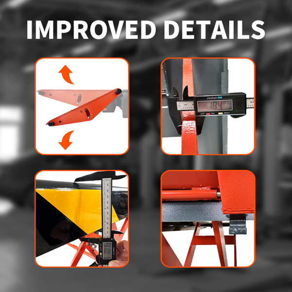 Electric scissor lift detail view with orange arms and a digital measurement display