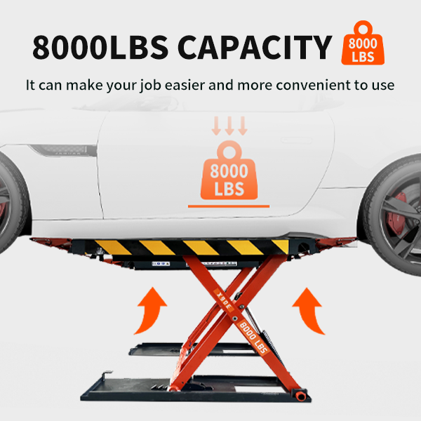 Electric mid-rise scissor lift with orange base frame and black platforms