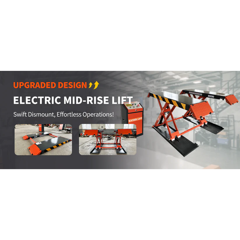 Orange electric mid-rise scissor lift with black platform decks and safety rails
