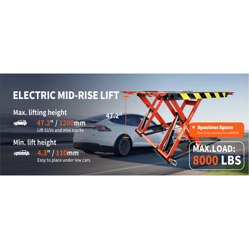 Electric mid-rise scissor lift with orange frame, black ramps, and yellow safety stripes