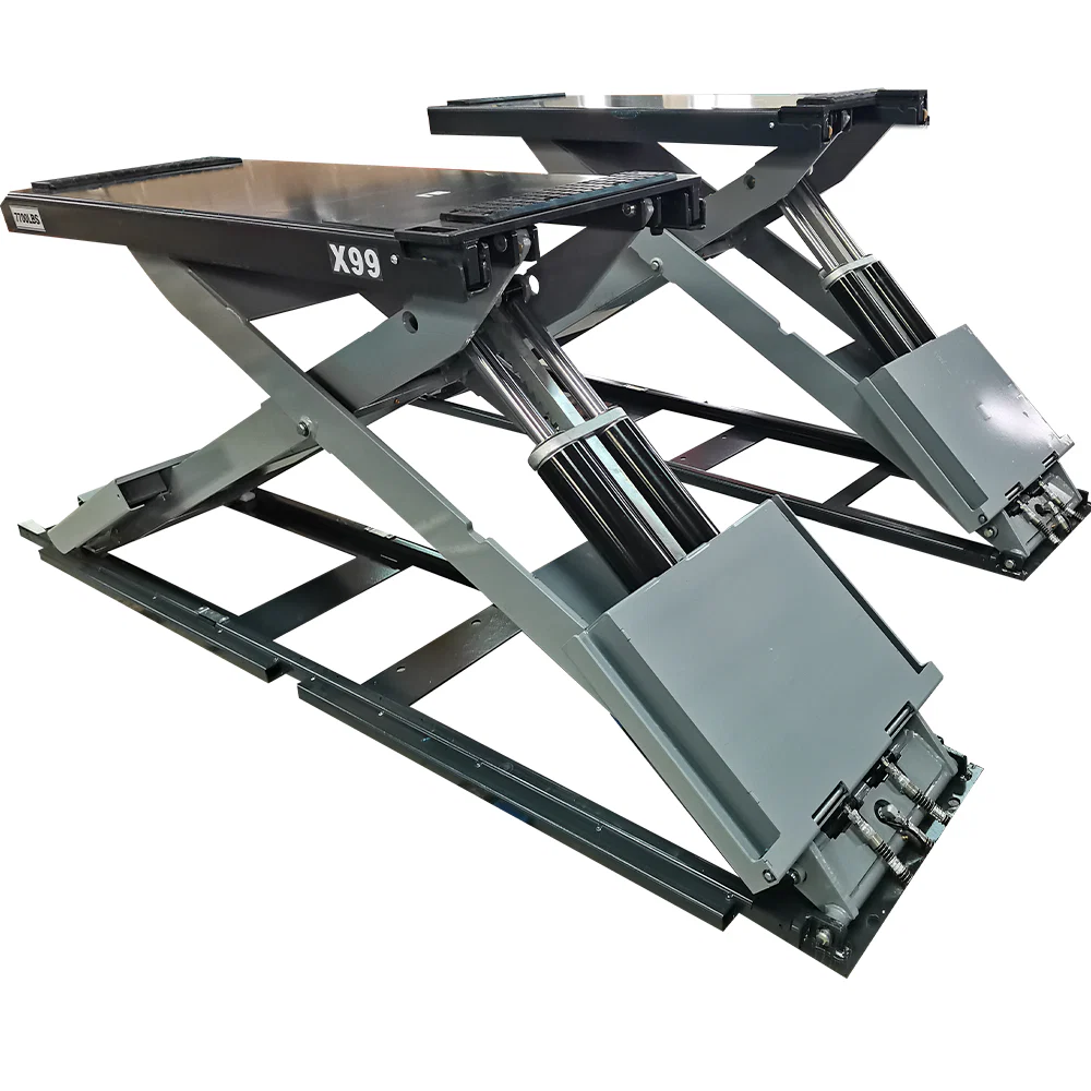 Full-rise scissor lift base with gray scissor arms and two hydraulic lift columns