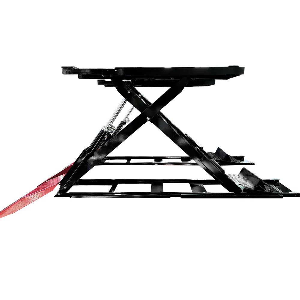Full-rise scissor lift frame with cross-braced scissor mechanism and red side platform cover