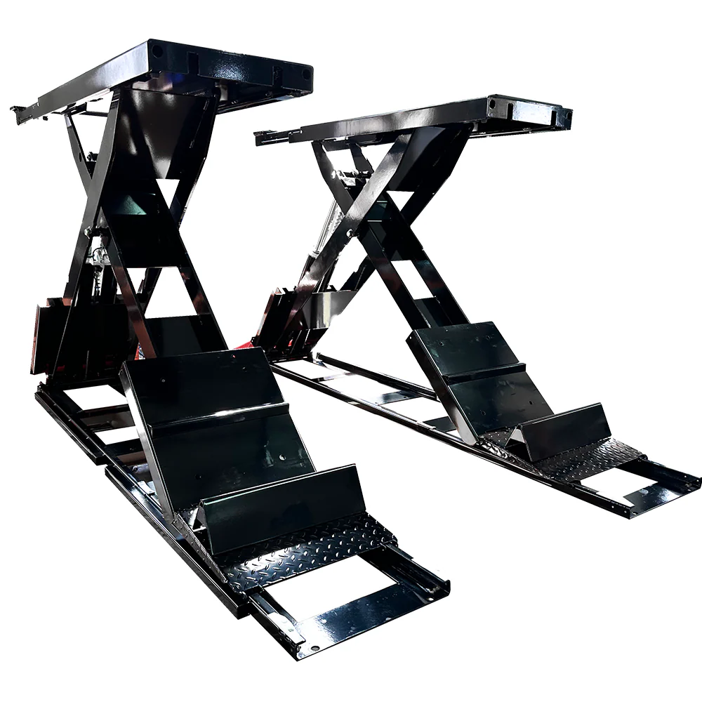 Full-rise scissor lift underside with black scissor arms and red textured platform pads