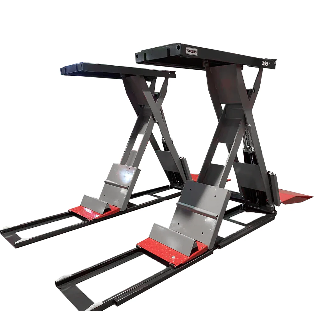 Full-rise scissor lift with gray base, X-frame scissor arms, and red platform pads