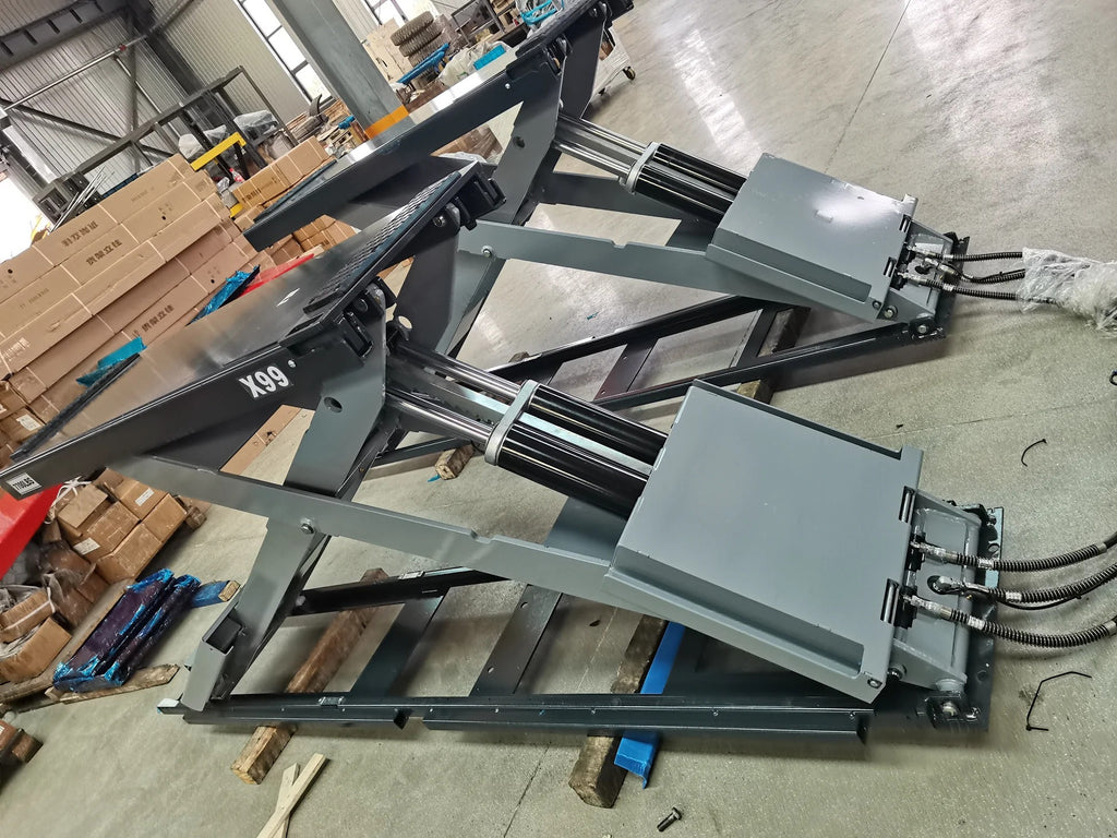 Full-rise scissor lift base with gray platform and hydraulic lift arms