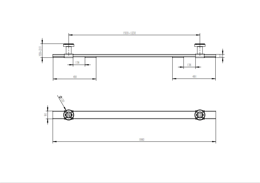 Katool scissor lift support bar kit technical drawing with mounting hardware and measurements
