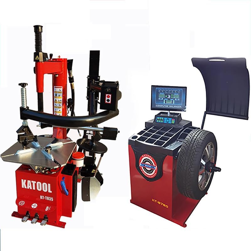 Tire changer and wheel balancer combo with red base, console screen, and clamp arm