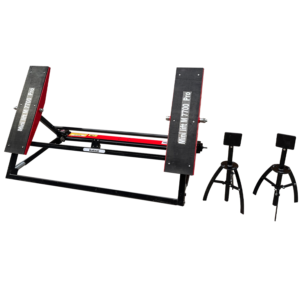 Tilting floor car jack, side view with black frame and red center beam