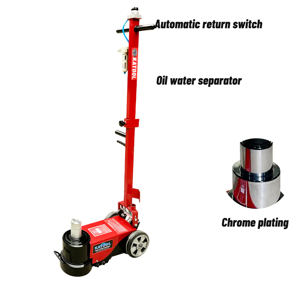 Red pneumatic hydraulic jack with black base wheels and oil separator module