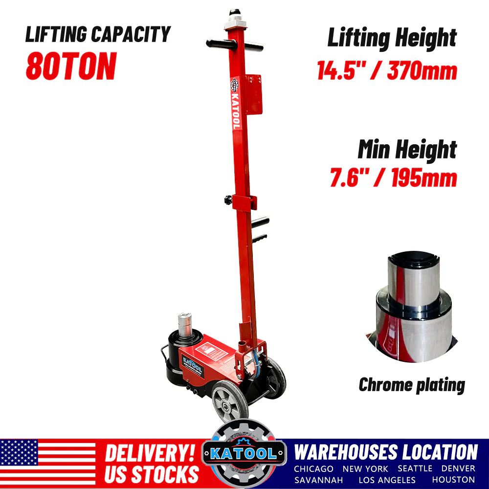 Red pneumatic hydraulic jack with black base wheels and chrome cylinder on top