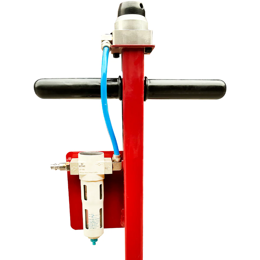 Pneumatic hydraulic jack air fitting with blue hose and silver top cap