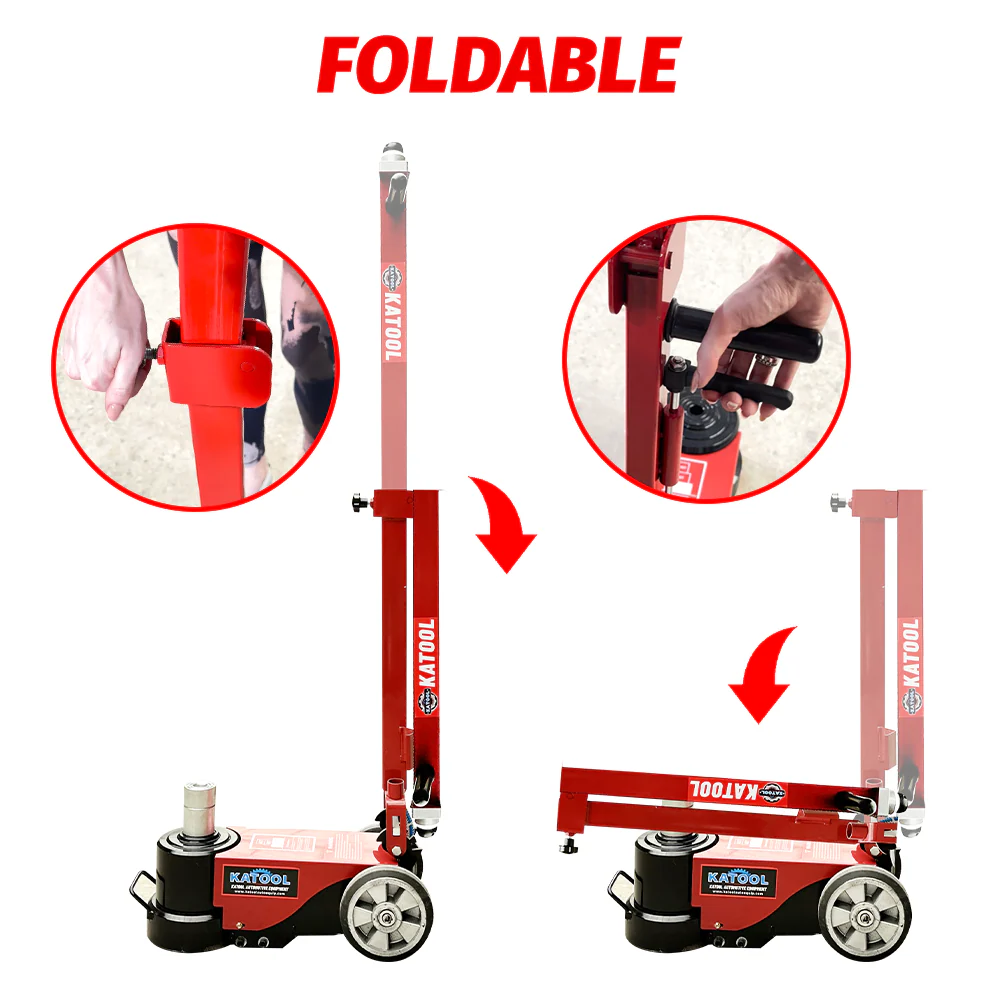 Foldable red pneumatic hydraulic jack with black base and telescoping lift post