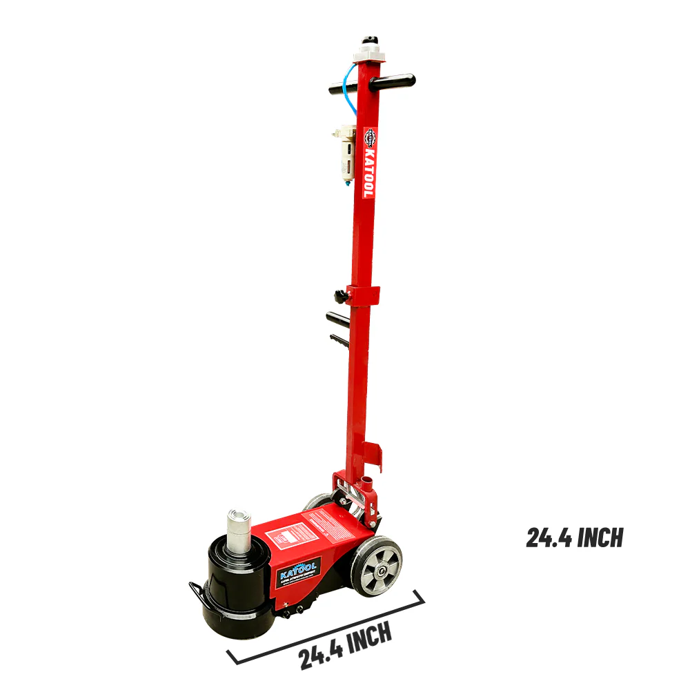 Red pneumatic hydraulic jack with vertical post and black wheel base