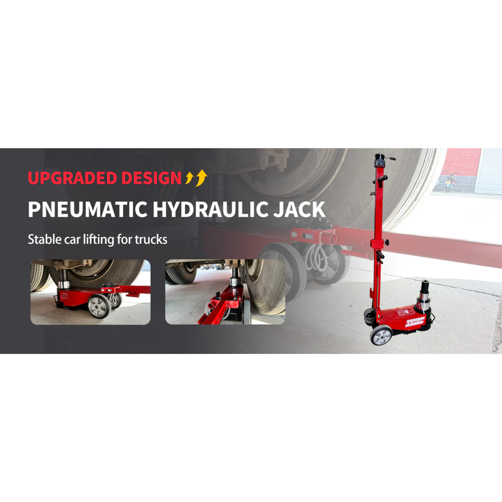 Pneumatic hydraulic jack lifting a vehicle with red post and black base wheels