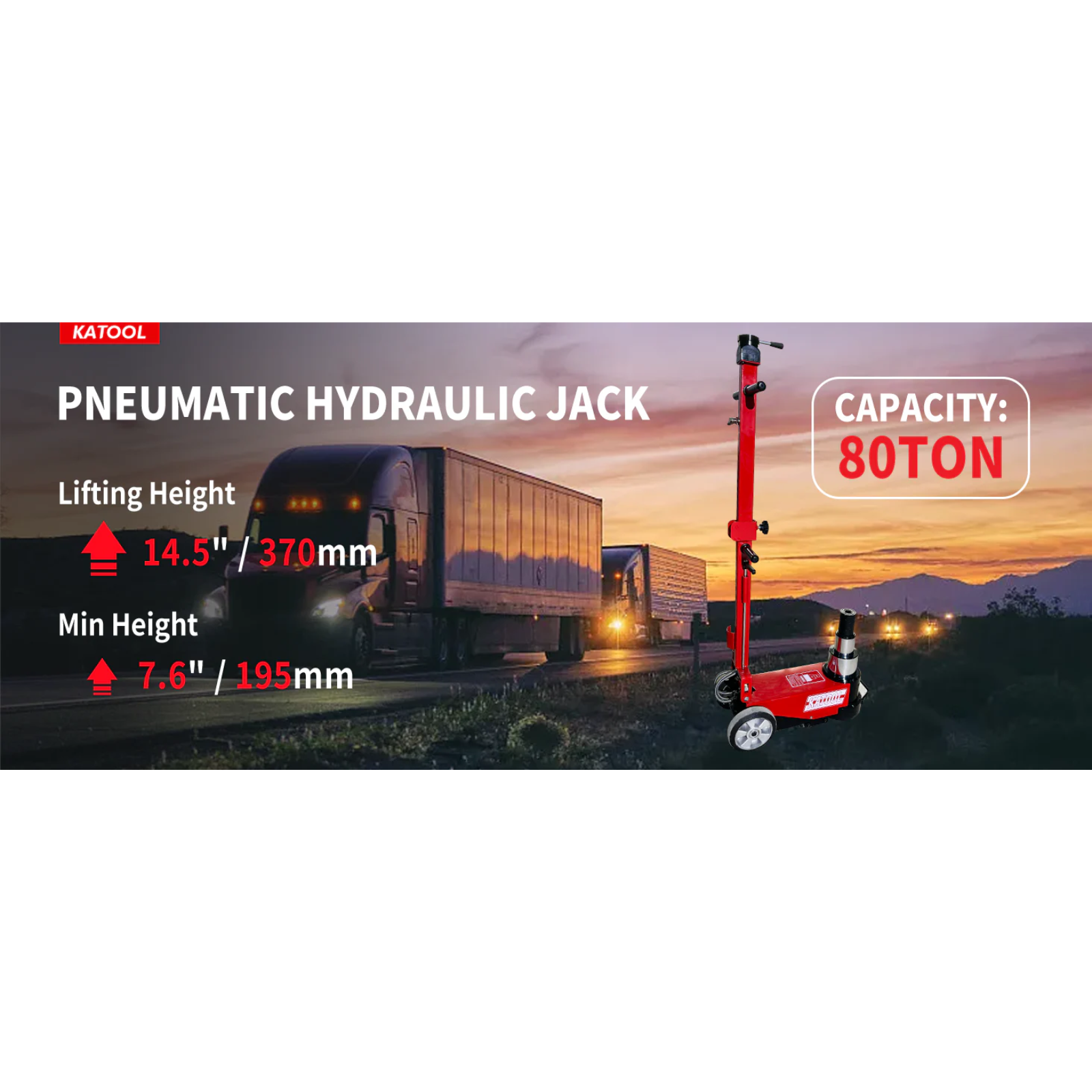 Pneumatic hydraulic jack standing with red lift post and black base wheels
