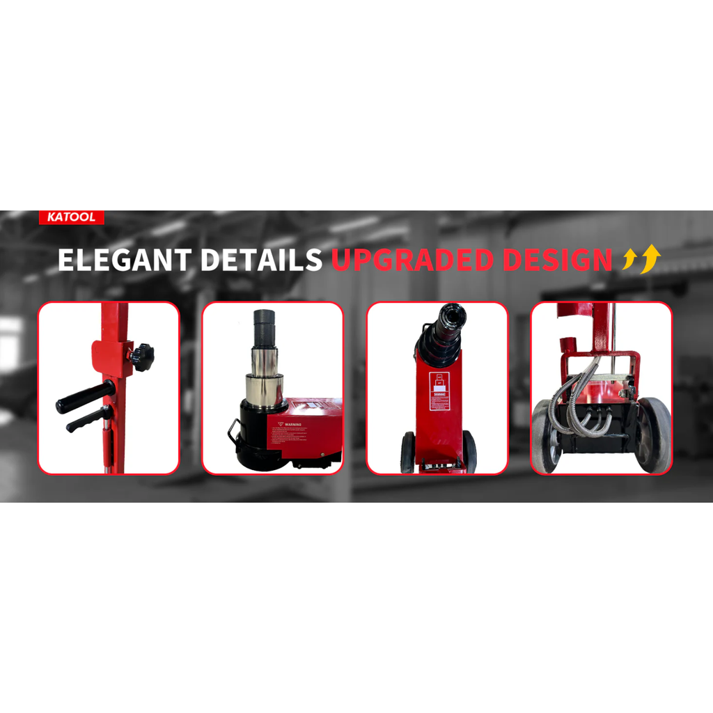 Pneumatic hydraulic jack detail view with red post, base, and control components