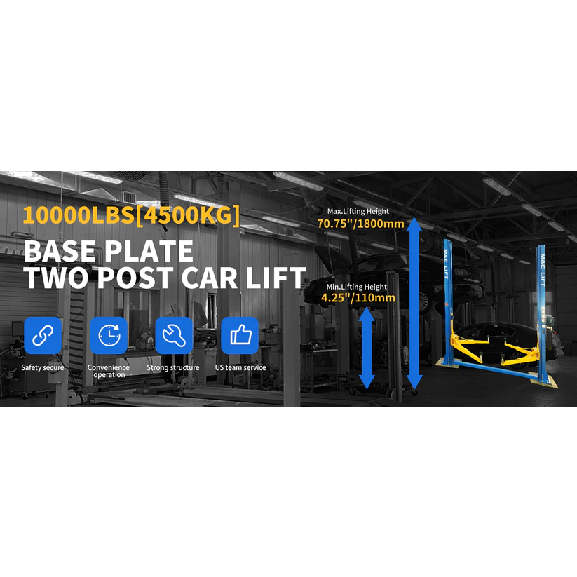 Two-post car lift installation with blue columns and yellow base platform