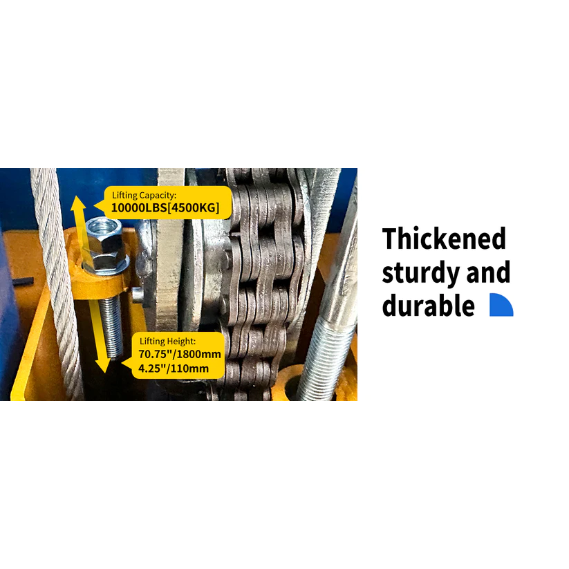 Car lift cable and pulley stack near yellow support block and threaded lifting bolt