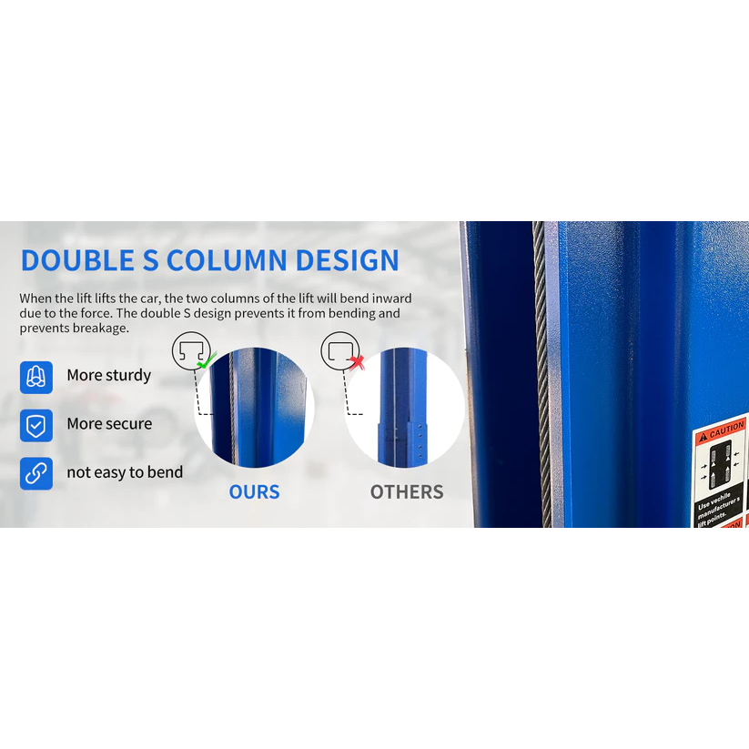 Two-post lift cable drum area with blue columns and protective guide brackets