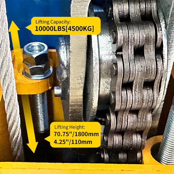 Car lift pulley housing with steel cable, yellow base bracket, and lifting hardware
