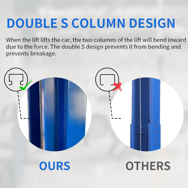 Blue steel auto lift column with reinforced cable guide detail