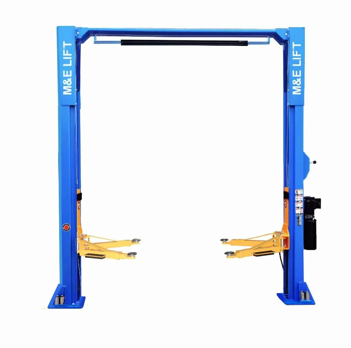 Two-post car lift with blue uprights and yellow platforms