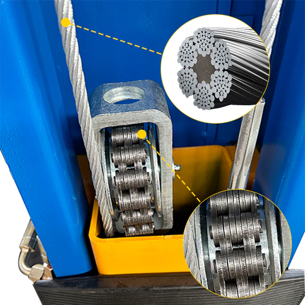 Two-post car lift cable and pulley assembly on the blue column
