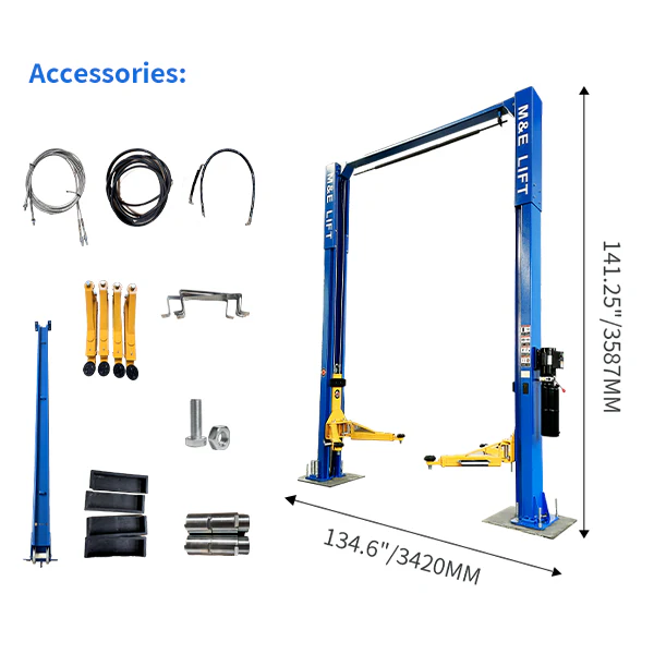 Two-post vehicle lift with blue columns and yellow lifting arms, accessories kit