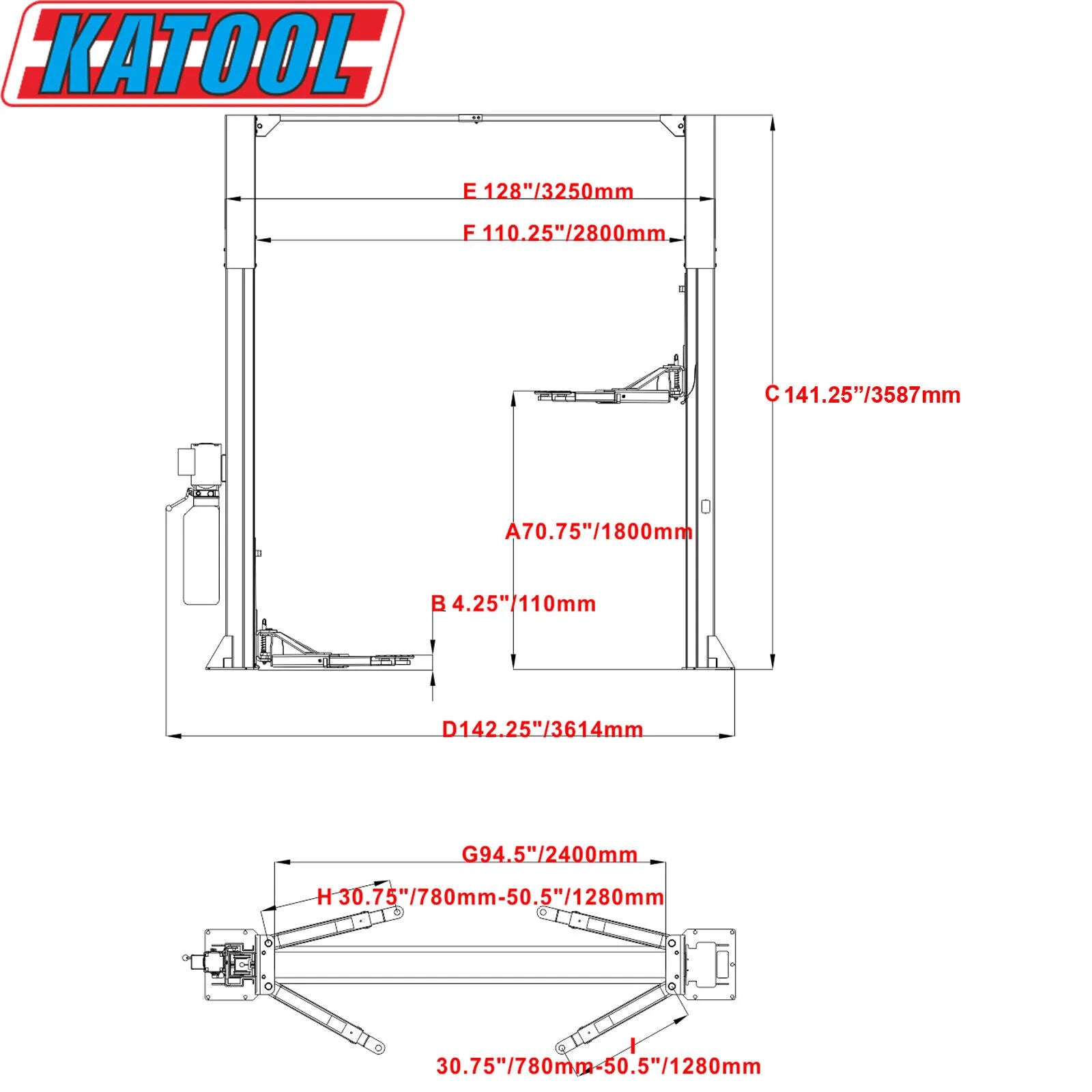 Vehicle lift dimension diagram with KATOOL label and measurement lines