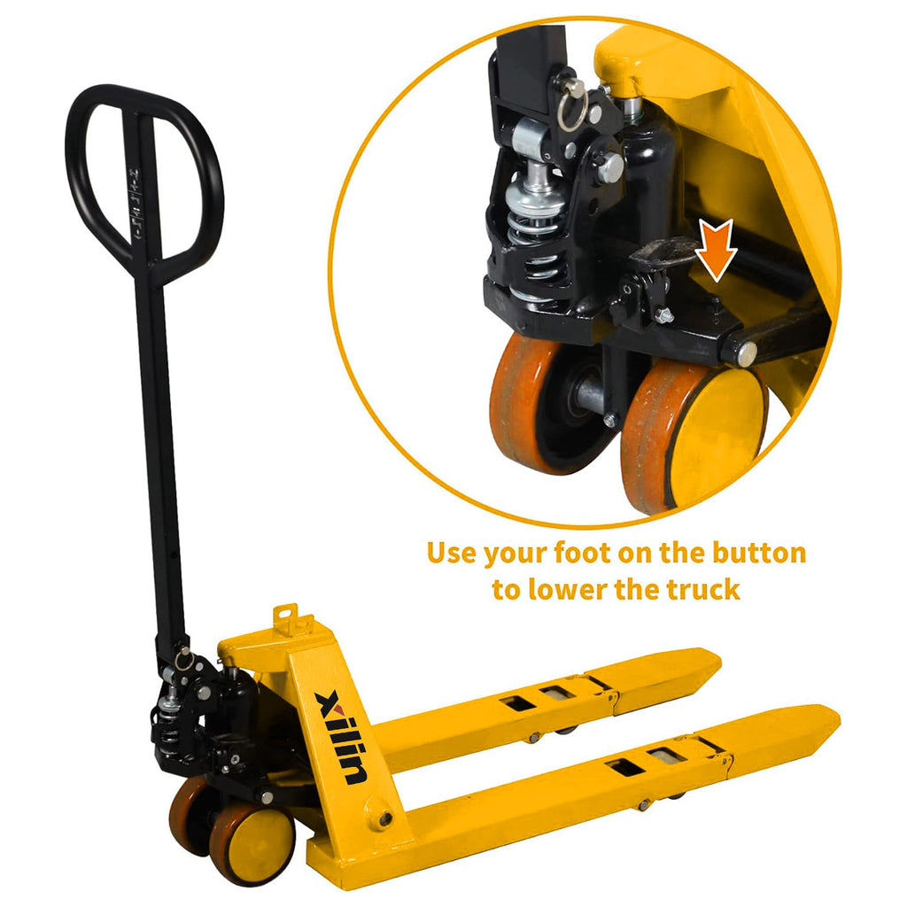 Manual pallet jack showing foot-lowered lever and dual orange front wheels