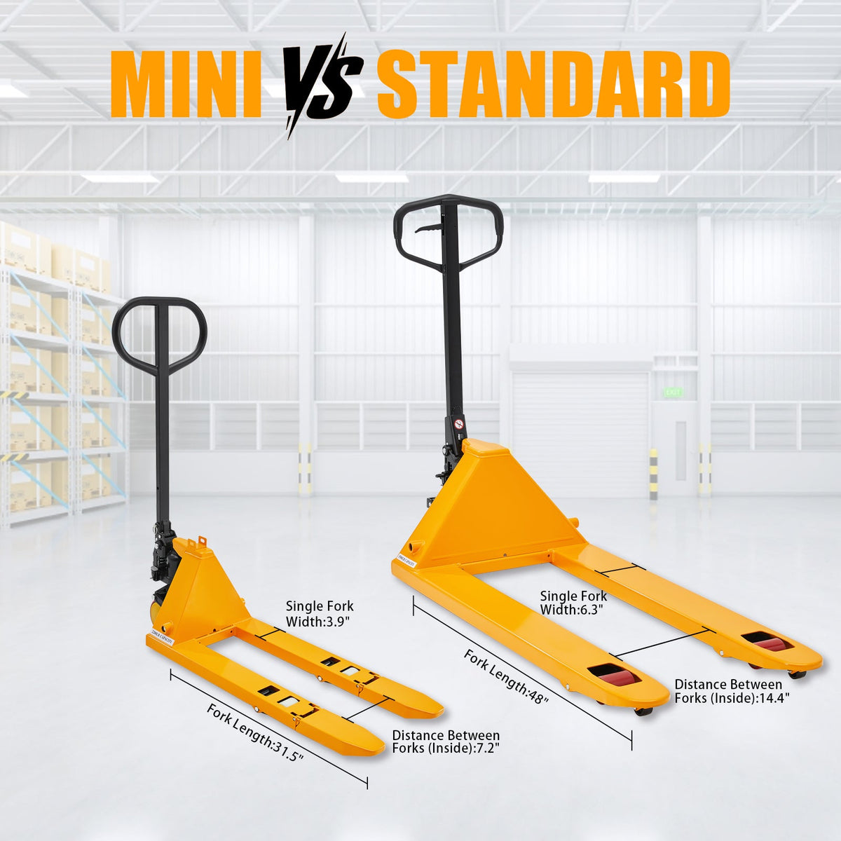 Yellow manual pallet jack with tall black handle and extended single-load forks