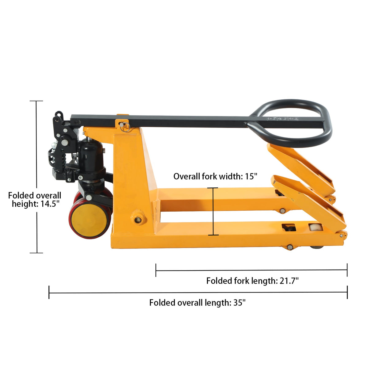 Folded manual pallet jack with black handle, yellow fork beam, and lift pump